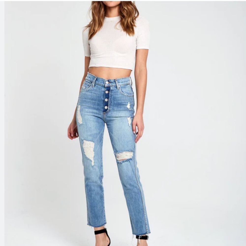 Revice Dream Fit High Rise Button Fly Distressed Raw Hem Jeans, Size 31, Blue